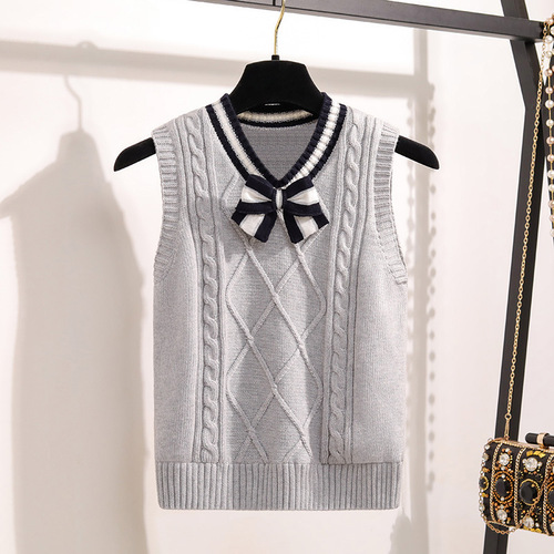 Children's Woolen Vest School Uniform Vest 2024 Spring and Autumn New Tops Girls Boys Students Woolen Bow Tie Vest