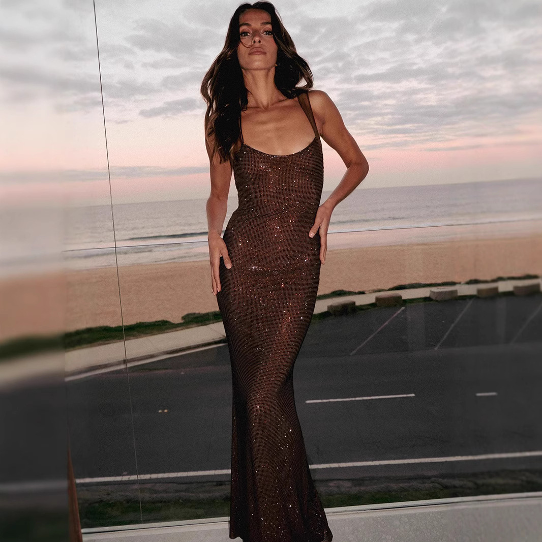 2026 Spring/Summer New Elegant Strapless Dress Sexy Rhinestone Dress European and American Women's Fashion Cross-Border Dress Gown