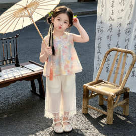 女童新中式唐装夏季儿童国风盘扣汉服套装幼儿园女宝宝六一表演服