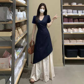 大码拼接法式短袖绑带连衣裙夏季2025新款收腰裙子气质长裙显瘦mm