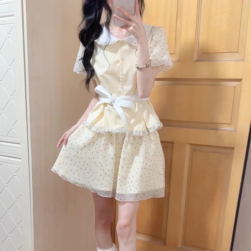 Sweet Girl College Style Polka Dot Skirt Suit for Women Summer Doll Collar Short-Sleeved Top Cake Skirt Two-Piece Set Sweet Girl College Style Polka Dot Skirt Suit for Women Summer Doll Collar Short-Sleeved Top Cake Skirt Two-Piece Set