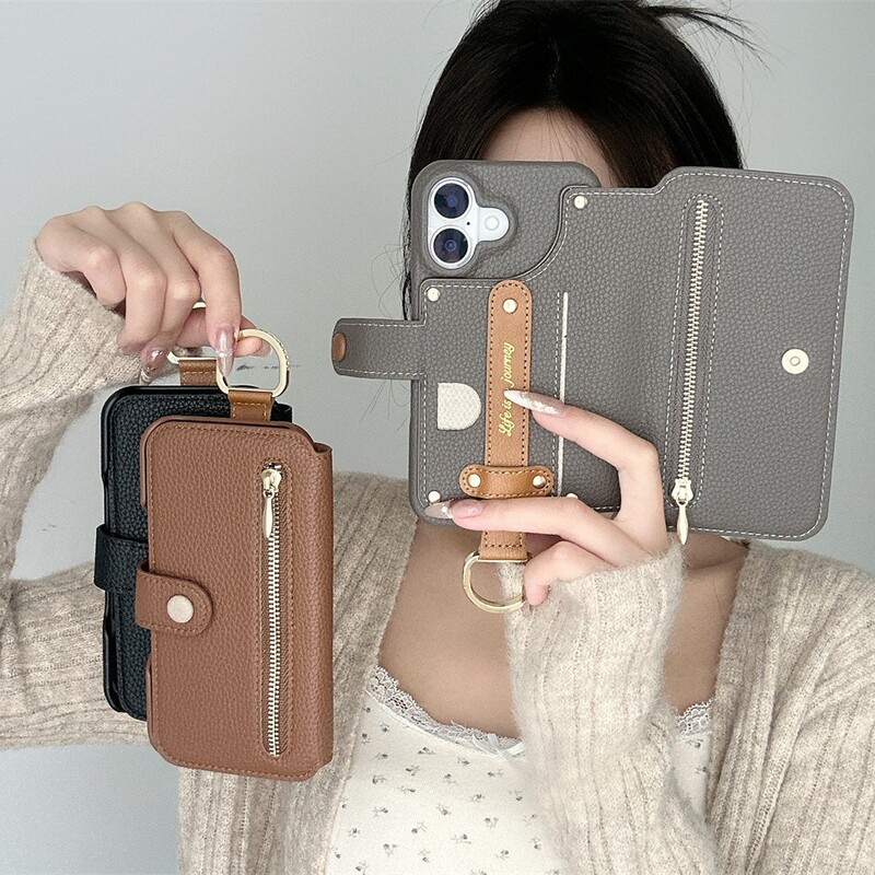 Suitable for Iphone17 Small Fresh Style Flip Cover Storage Mobile Phone Case 16 Wrist Hardware Ring Apple 15 Anti-Fall Case