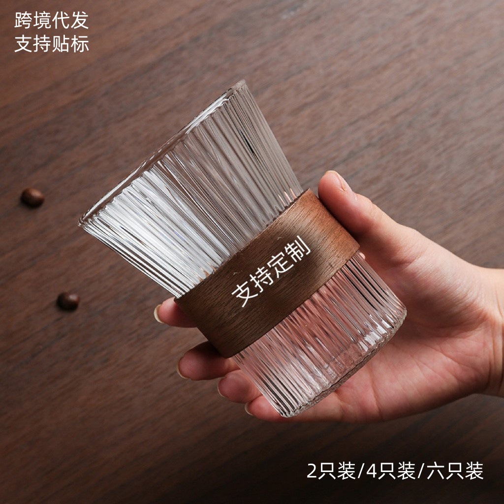 跨境代发竖条纹玻璃杯挂耳咖啡杯可印制logo家用隔热泡茶杯水杯