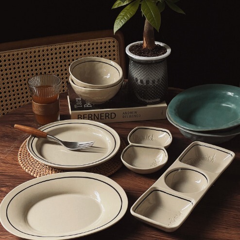 Coarse Pottery Black Line Hand-painted Ceramic Tableware Japanese-style Divided Cooking Plate Rice Bowl Household Ceramic Breakfast Plate Dish