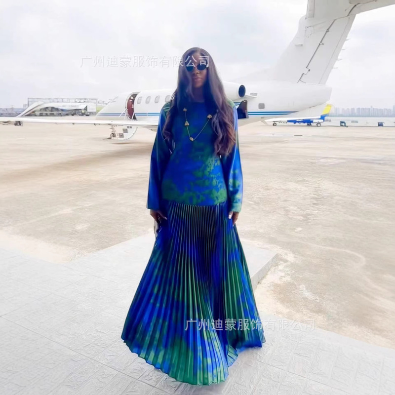 2026 European and American Cross-Border Amazon Foreign Trade Independent Site Women's Clothing Pleated Flared Dress Printed Long Dress
