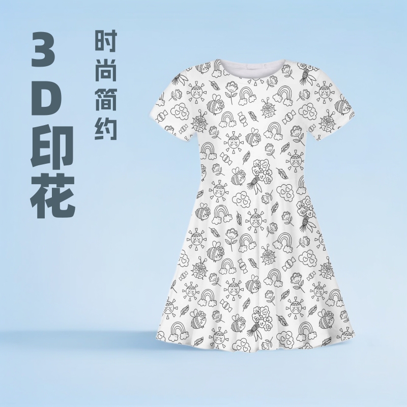 European and American Small Fresh 3D Digital Printing Girls Simple Casual Simple Style Black and White Crew Neck Short Sleeve dress