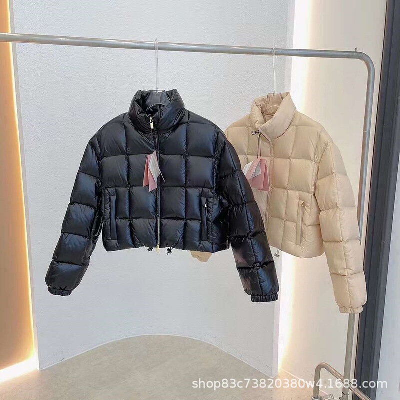 Putian Miu's down jacket, square plaid short style, Ken doll large plaid top, women's high-waisted stand-up collar puffer jacket