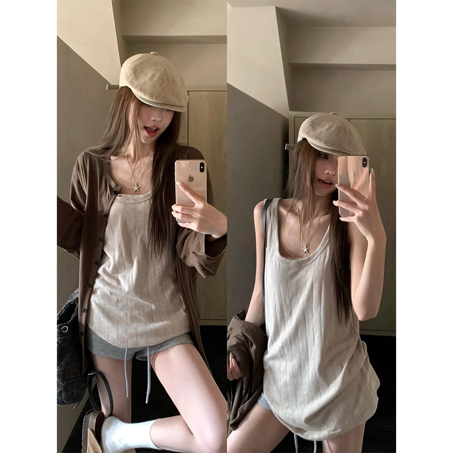 Lazy Style Suit, Thin Long-Sleeved Shirt, Sun Protection Shirt for Women, Early Autum Inner Camisole, Relaxed Two-Piece Set
