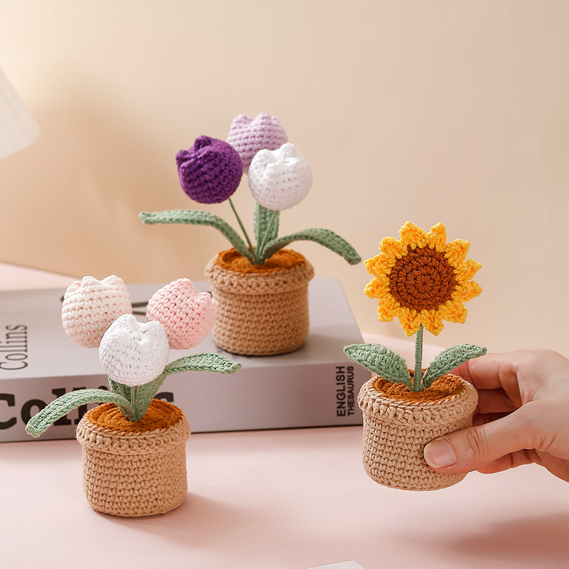 Transfronterizos terminados tejidos a mano tulipanes girasoles imitación flor lana en maceta Día de la Madre Día del Maestro regalo exquisito