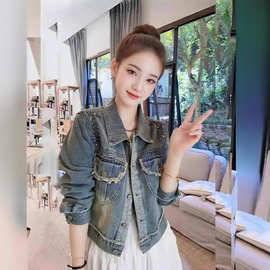 潮牌重工做旧钉珠毛边牛仔外套女2025年春夏新款复古港风短款上衣