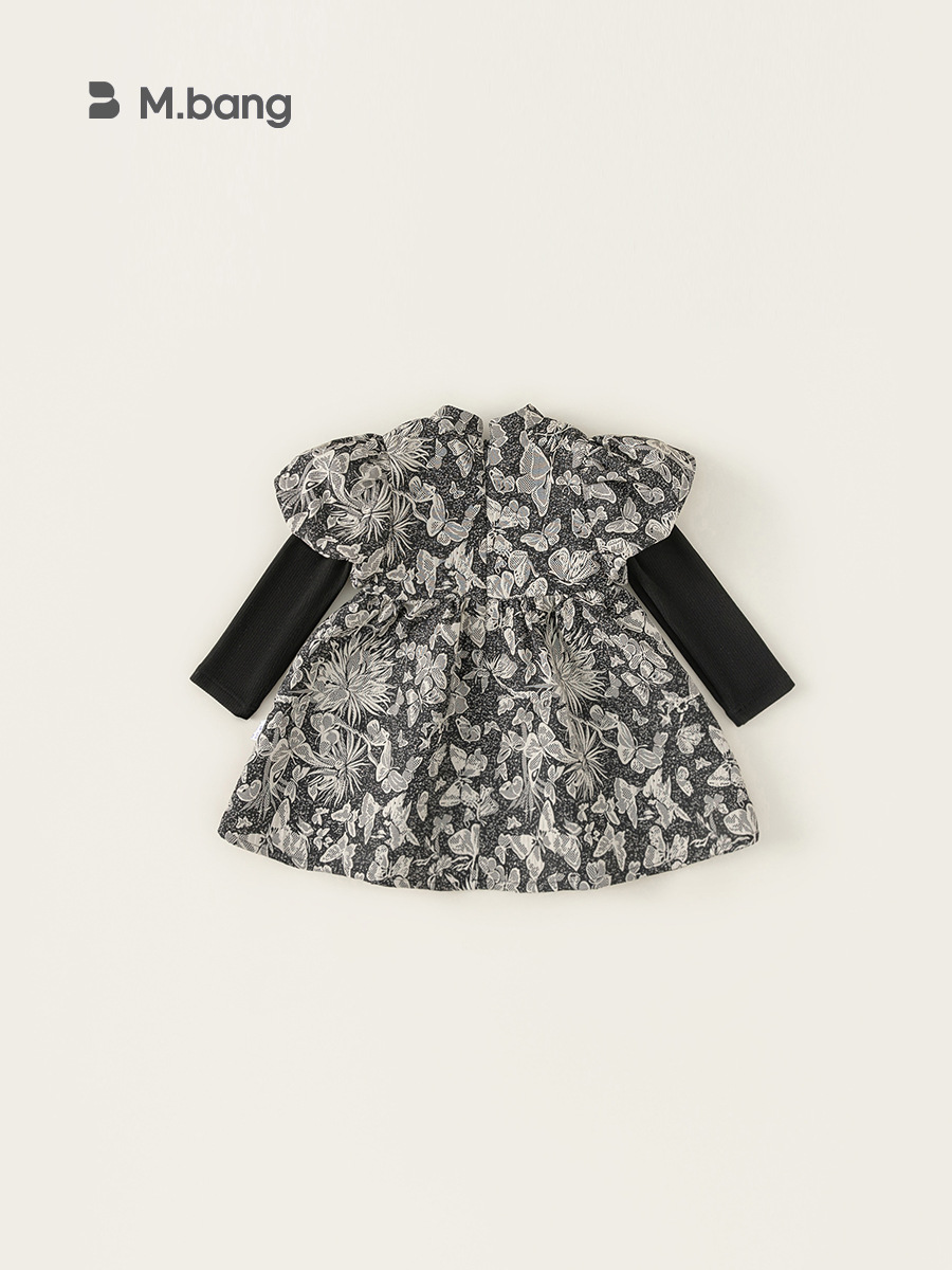 Yubao ropa infantil de niñas vestidos de manga de burbuja falsos dos piezas de falda de flores de contraste de otoño de estilo chino falda de estilo nacional