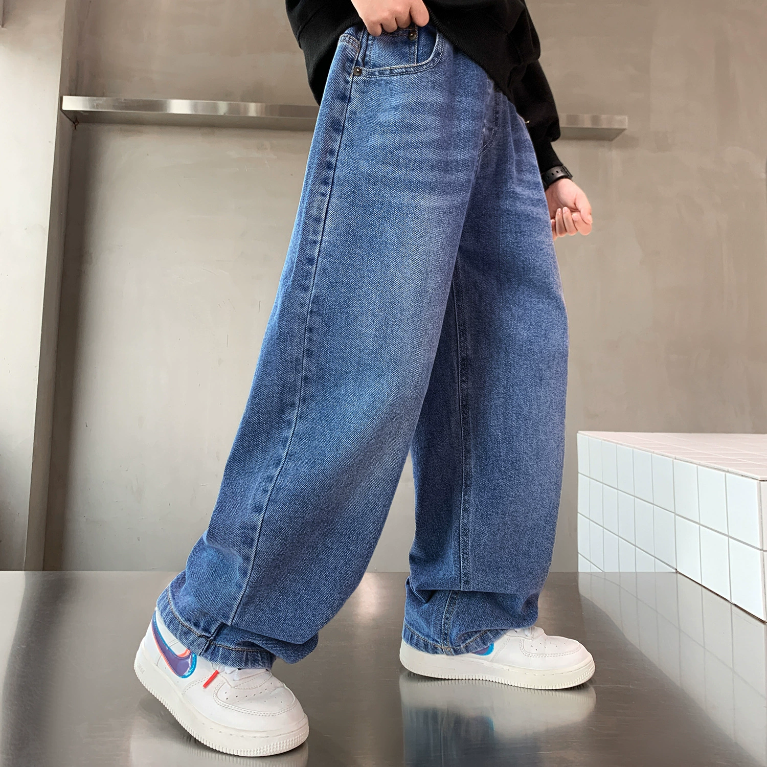 Boys autumn jeans — loose-fit fleece-lined winter trousers, multi-size 120–180 cm