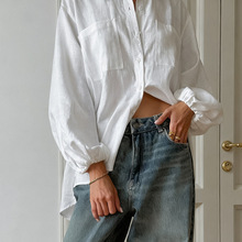 欧美跨境新款设计感开叉白色亚麻衬衫女百搭时尚宽松翻领长袖开衫