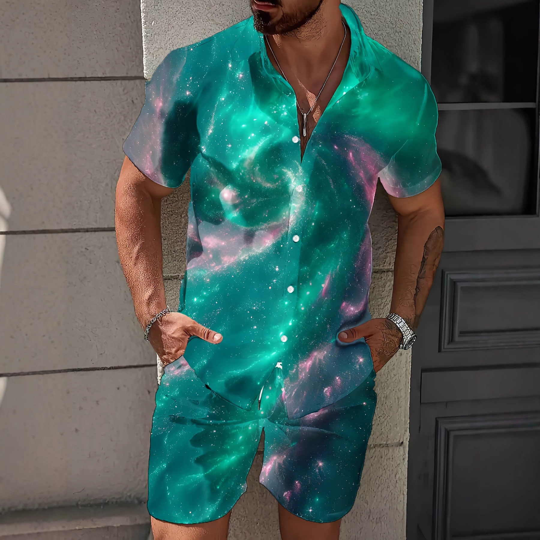 夏季度假新款男士渐变时尚百搭3D印花跨境亚马逊度假套装衬衫