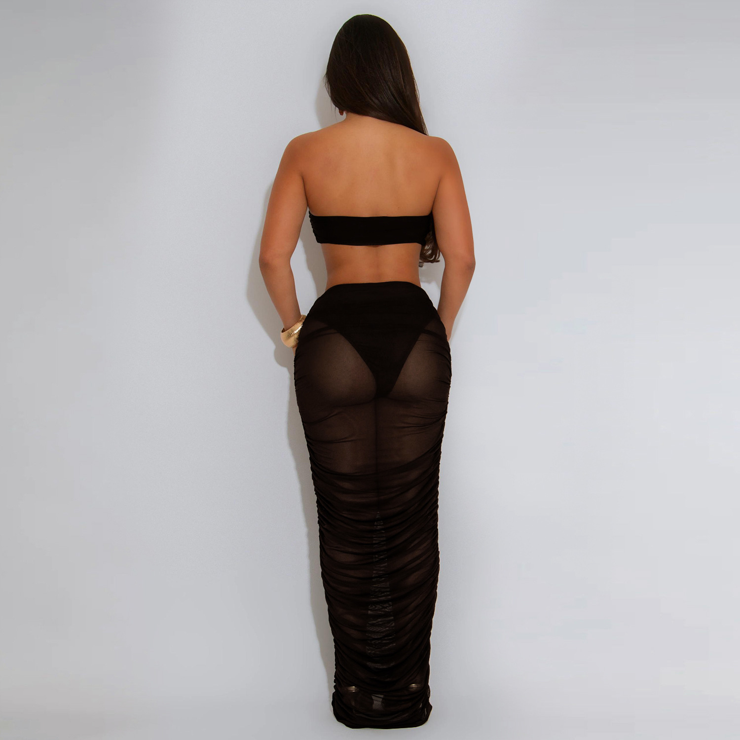 C7529 Aliexpress transfronterizo amazon moda europea y americana ropa de mujer sexy con un pecho transparente vestido de malla larga dos piezas