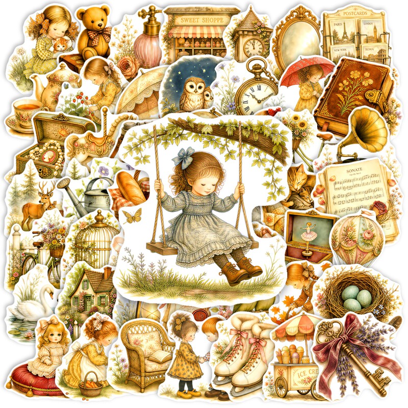 Cross-Border New Style 50-Piece Vintage Victorian Girl Stickers Creative Watercolor Hand-Painted Girl and Old Objects Waterproof Stickers