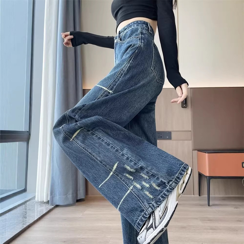 Spring and Autumn Plus-Size Light-Colored Retro Jeans for Women, New High-Waisted Design with Distressed Straight-Leg Wide-Leg Pants, Trendy on Instagram