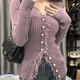 2024春季性感V领毛衣紫色修身型坑条加厚毛边设计感针织开衫上衣