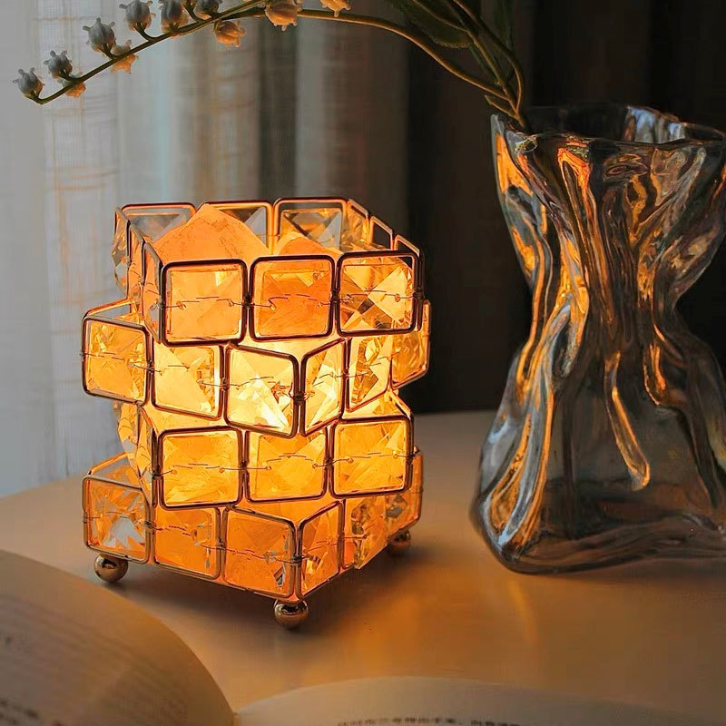 Cross-Border Rubik's Cube Four-Layer Crystal Table Lamp Natural Crystal Salt Stone Bedside Night Light Princess Decoration Popular Ins Girl
