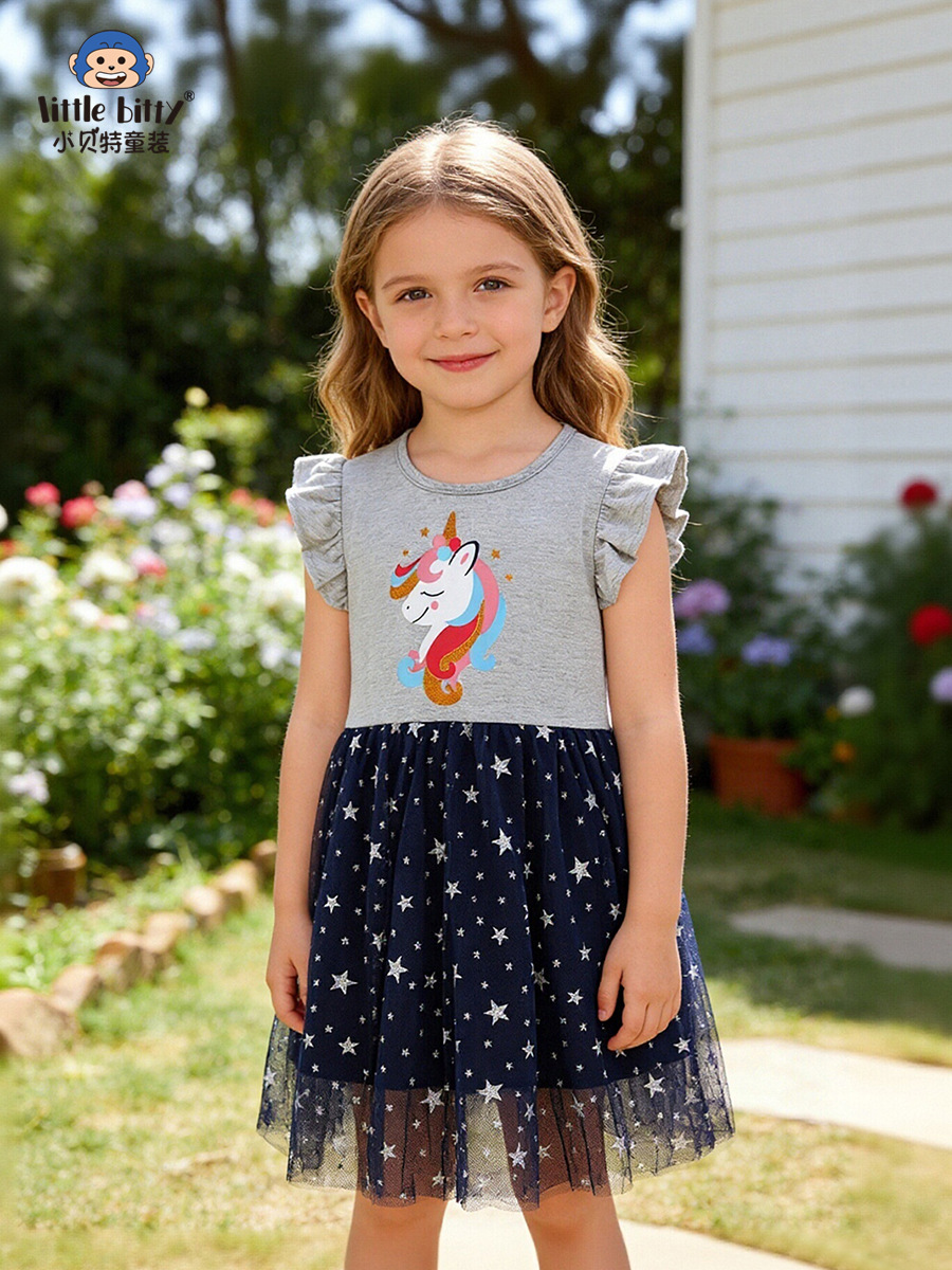 European and American 2026 Spring/Summer New Children's Mesh Dress with Cartoon Unicorn Print, Round Neck Children's Clothing, In-Stock Wholesale