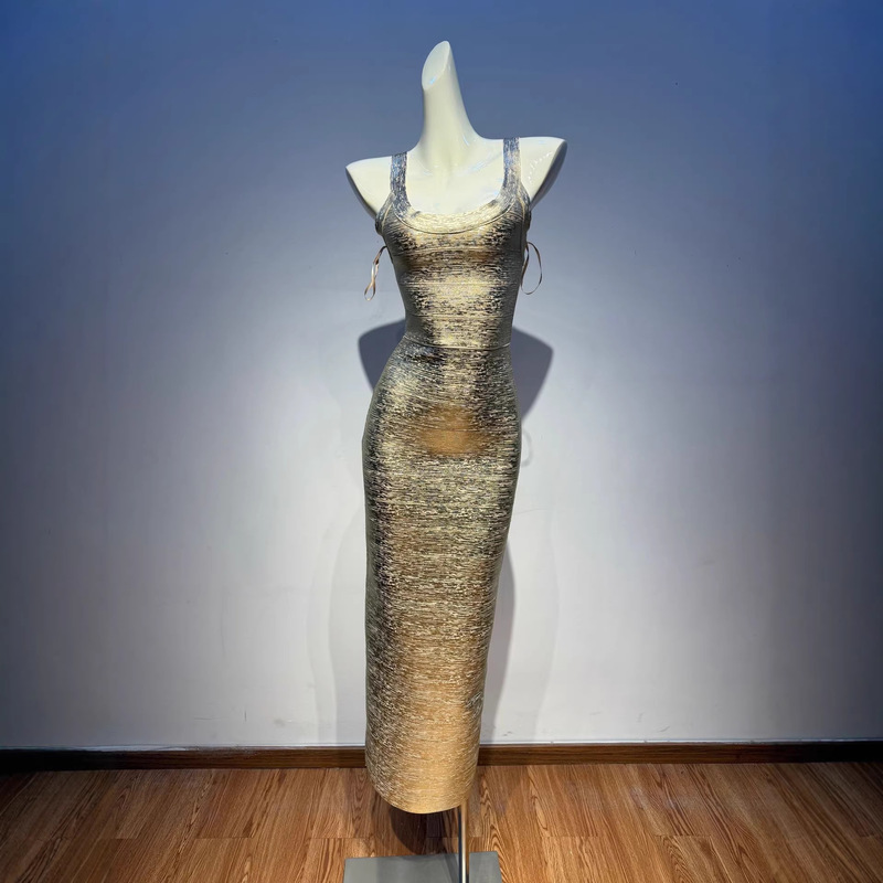 Cb Gold Foil Series~High-End Exquisite Gold Foil Sleeveless Dress, Sexy Figure-Flattering Slit Bandage Evening Gown