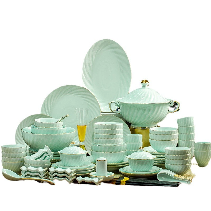 Qihuixuan Jingdezhen Gaobai Porcelain Tableware Set – Mint Green Bone China Bowls, 22–93 Pc
