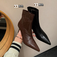 里外全皮~尖頭高跟鞋瘦瘦靴真皮短靴女2023年新款冬季氣質靴子