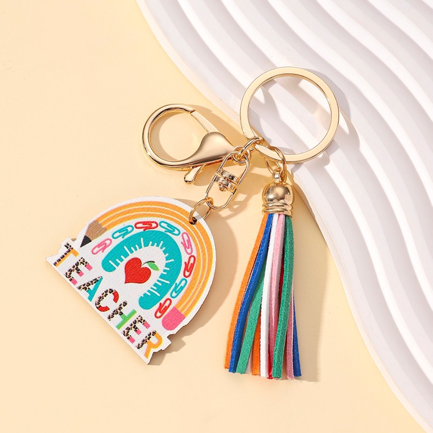 20g Weight Keychain Classification 1 Piece Quantity School, Graduation Occasion Wood Material Teachers' Day Festival Letter, Rainbow, Tassel Pattern Unisex Gender Modern Style Style Modern Style Letter Rainbow Tassel Wood Teachers' Day Unisex Keychain 3