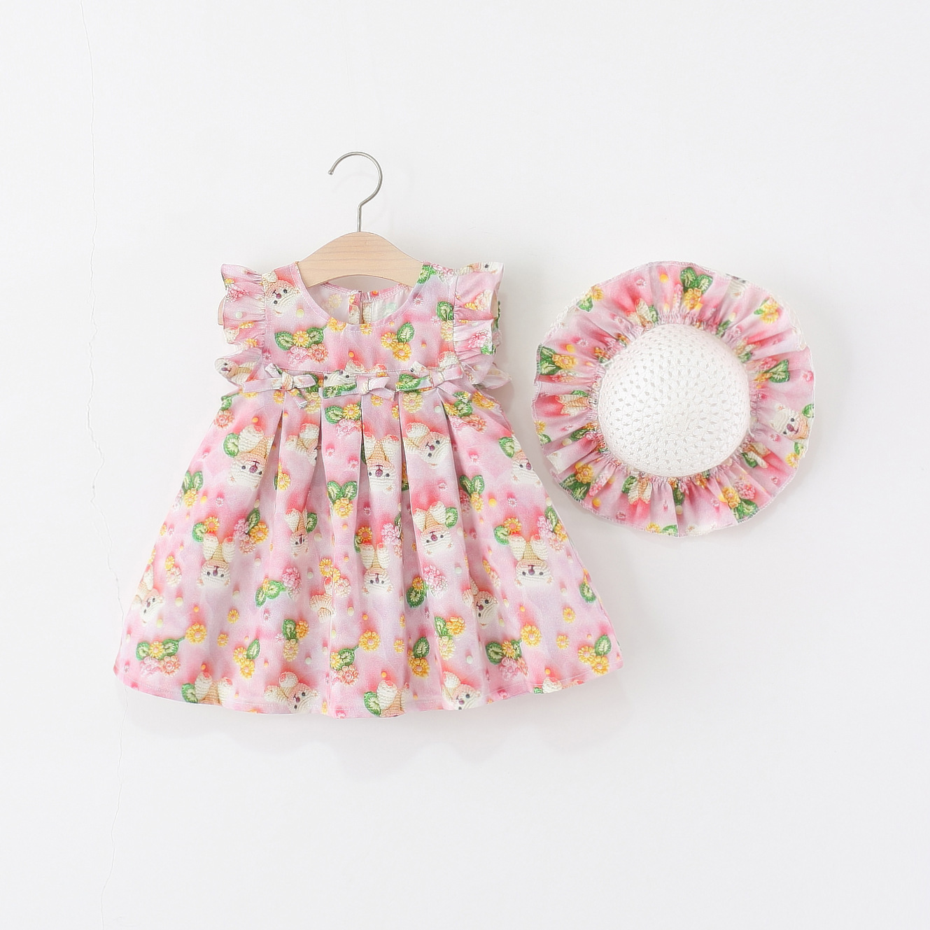 2025年夏季新款三蝴蝶结雪纺草帽裙 女童卡通小裙子连衣裙送草帽