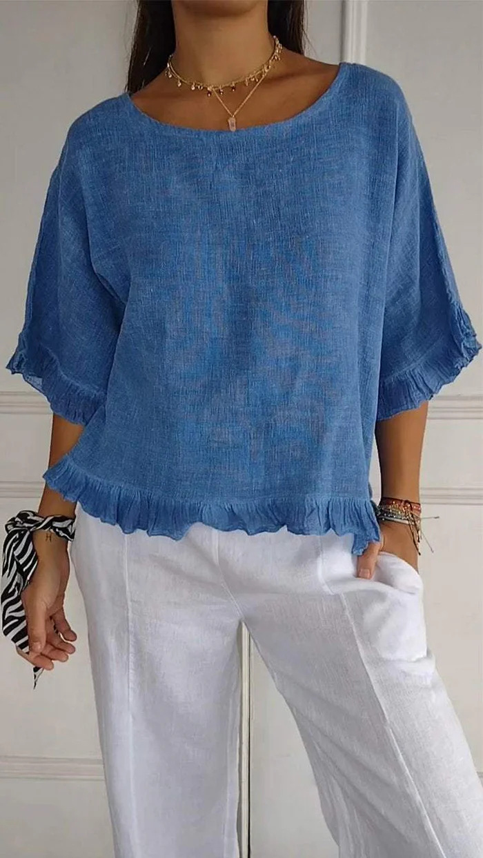 Women's Ruffled T-shirt Casual Solid Colour Short Sleeve Top_voghion.com