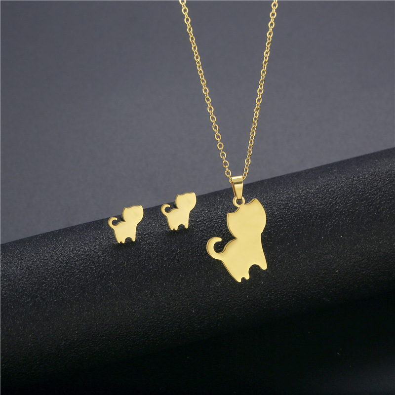 Fashion Kitten Pendant Necklace Earring Set Stainless Steel Jewelry