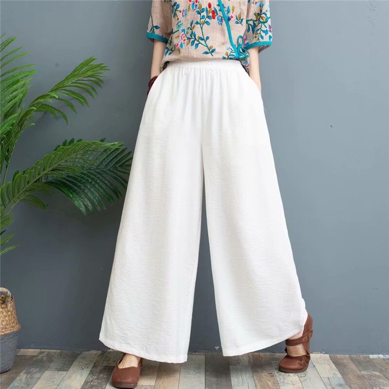 Solid Color Tencel Cotton and Linen Wide-leg Pants for Women, Summer Draped Casual Loose Straight Long Pants, Fashionable and Elegant to Cover the Flesh