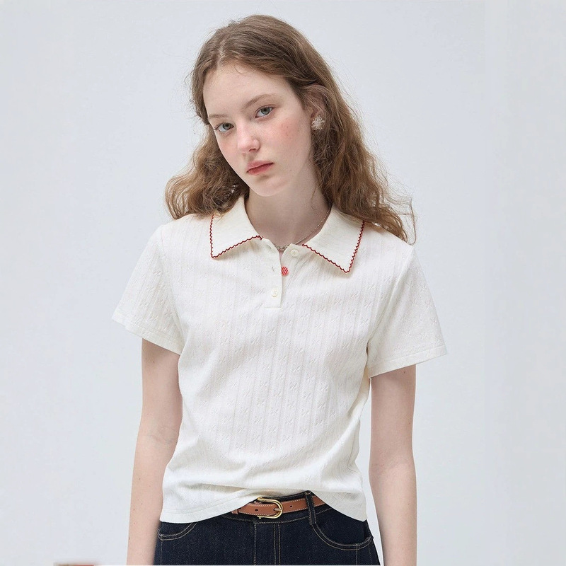 Right Shoulder T-Shirt with Polo Collar, Knitted Short Sleeves, New Spring Style, Slim Fit for Slightly Plump Women, White Top Right Shoulder T-Shirt with Polo Collar, Knitted Short Sleeves, New Spring Style, Slim Fit for Slightly Plump Women, White Top
