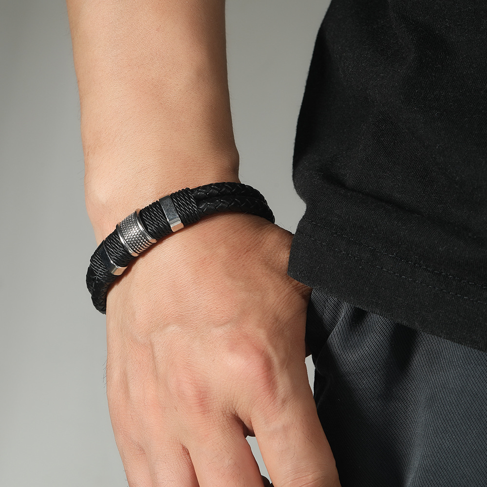 31g Weight Alloy Pendant Material Bracelets Classification Leather Rope Chain Material 1 Piece Quantity Holiday, Daily, Street Occasion Pu Leather, Alloy Material Geometric Pattern Men's Gender Hip-Hop Style Hip-Hop Geometric Pu Leather Alloy Men's Bracelets Men Cord & Leather Bracelets 2
