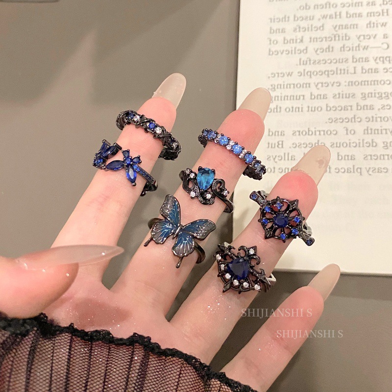 Midnight Floating Cool and Dynamic Blue Zirconia Open Ring for Women Retro Personality Bow and Arrow Hollow Butterfly Index Finger Ring
