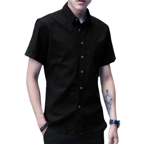 Men's Summer New Han Style Casual Short Sleeve Oxford Fabric White Shirt with 5-Button Cuff, Trendy