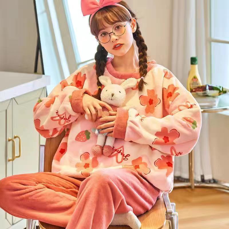 Otoño y invierno pijamas mujeres coral veludo engrosado 2024 nuevos estudiantes cálidos franela invierno conjunto de ropa para el hogar image 27