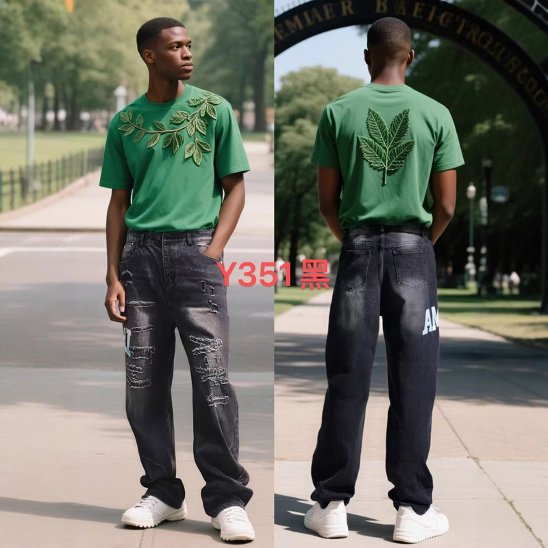 2025 American Guanxi Style Black Longevity 501 Version Washed Ripped Heavy Straight Loose Jeans