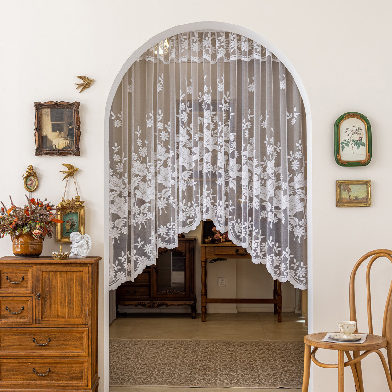 French-Style European White Lace Kitchen Partition Curtain, Jacquard Floral Coffee Curtain, Door Curtain, Bay Window Short Curtain, Cabinet Decoration