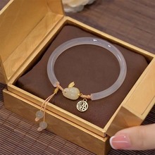 国风玉兔手镯可调节流苏手链小众设计前程似锦仿玉石手串七夕礼物