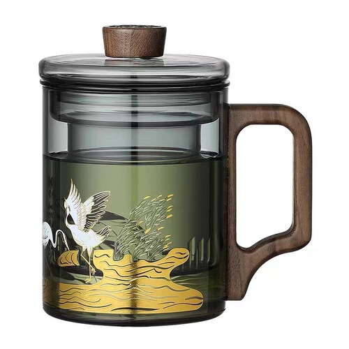 Nine Rivers Handmade Smoky Gray High-End Office Cup with Gold-Plated Relief Crane Perching on Tree Design Three-Cup Gift Box Tea Set