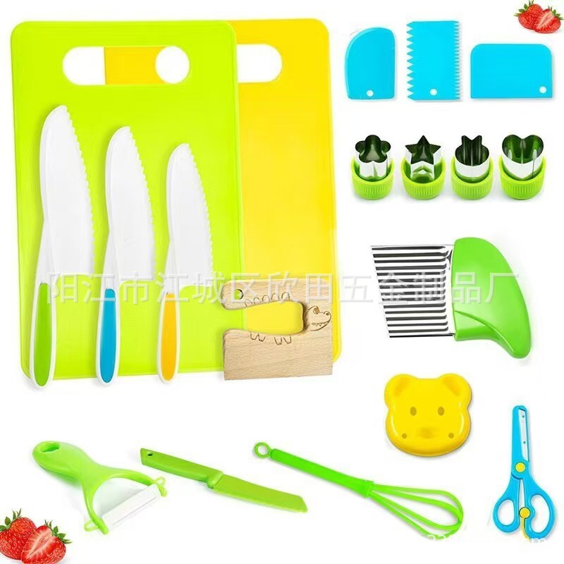 어린이 플라스틱 칼 과일 칼 세트 유치원 조기 교육은 손으로 자른 야채 컷 케이크 장난감 칼 세트 해치지 않습니다.