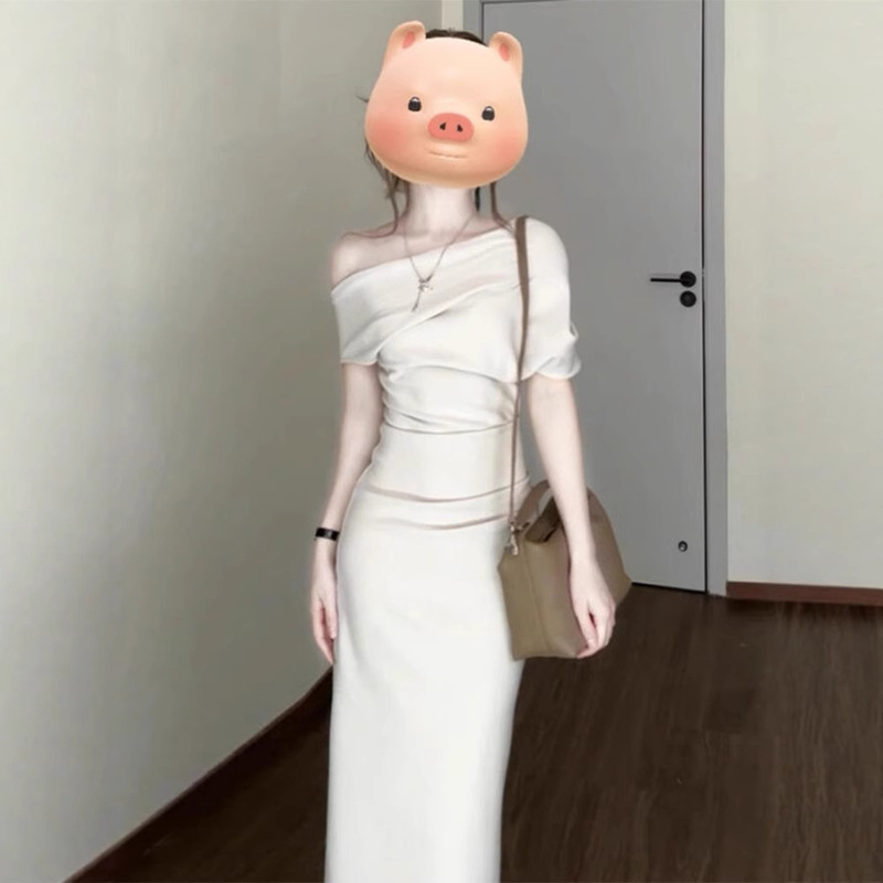 French One-Shoulder New Korean Style Slanted Shoulder Swing Collar Dress for Women Summer Temperament Slim Hip-Hugging Long Skirt French One-Shoulder New Korean Style Slanted Shoulder Swing Collar Dress for Women Summer Temperament Slim Hip-Hugging Long Skirt