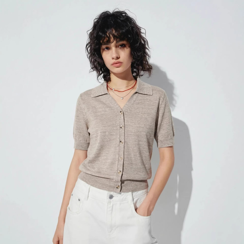 [Cs Order] Casual Commuting Style V-Neck Knitted Cardigan for Women, Short Sleeve, Summer, Mole Gray, Slimming and Elegant Top