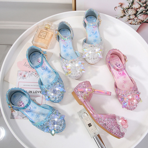 Princess Elsa Summer Fashion Girl Children Sandals Children Soft Sole Glitter Crystal Shoe Head Flat Flat Heels