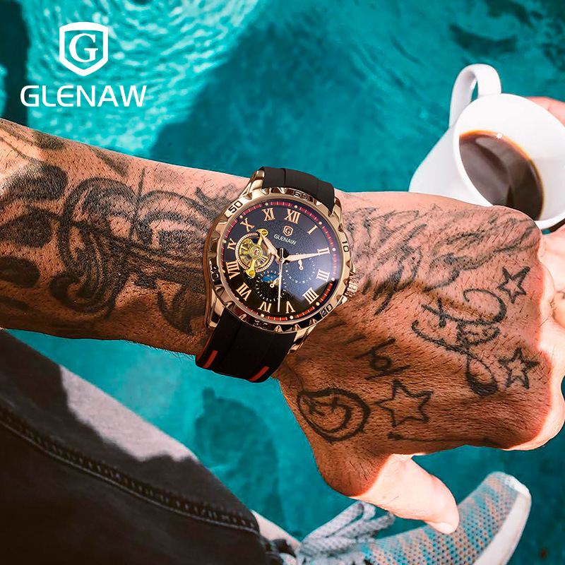 Đồng hồ nam automatic lộ máy, chống nước, dây thép không gỉ — Băng keo hình tròn đỏ vỏ hoa hồng, Băng keo vòng xanh vỏ hoa hồng, Băng keo vòng xanh vỏ đen, Băng keo đỏ vỏ Bạc