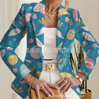 外贸跨境2026秋季ebay亚马逊欧美女装时尚印花西装修身型小西装