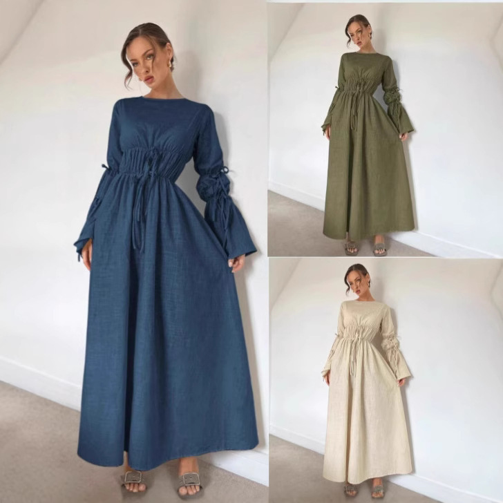 2025 Autumn/Winter Pleated Lace-Up Cuffs Extra-Long Lantern Sleeves Flowing Hem Casual Loose Long-Sleeve Dress