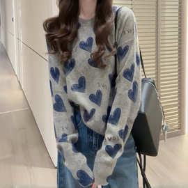 欧货慵懒风宽松爱心字母针织衫女秋季韩系氛围感时尚减龄圆领毛衣