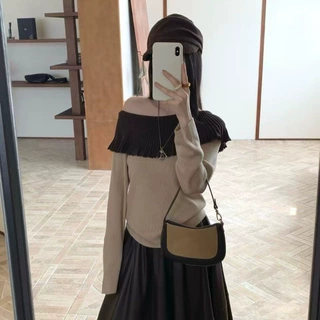 法式复古撞色拼接压褶边一字肩针织衫女秋季新款气质时尚百搭上衣